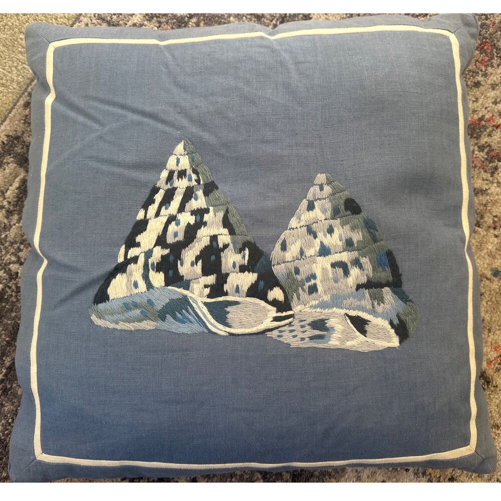 KUK May Embroidered Linen Pillow seashells Nautcial Blue white 20" x 20" square
